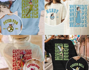 Disney Peter Pan Characters 2 Sided Shirt, Peter Pan Wendy Tinker Bell Captain Hook, Never Grow Up Shirt, Neverland Disney Family Trip Shirt