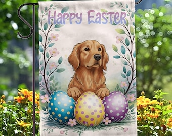 Golden Retriever Puppy With Easter Eggs Flag, Welcome Easter Garden Flag, Watercolor Spring Floral Yard Flag, Dog Lover Easter Decor, MYF097