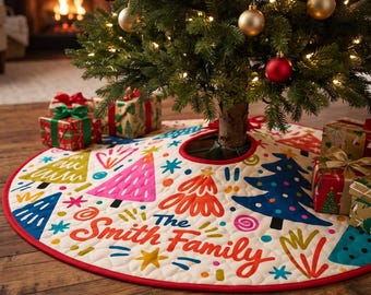 Doodle Christmas Tree Skirt, Personalized Family Name Decor, Colorful Holiday Tree Skirt, Modern Christmas Home Decor, Family Christmas Gift