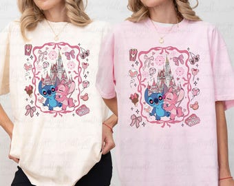 Stitch And Angel Valentines Girly Shirt, Stitch Vday Coquette Shirt, His Angel Her Stitch Shirt, Disney Honeymoon Trip Shirt Gift For Wife