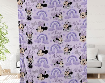 Cute Disney Minnie Blanket With Name, Personalized Minnie Mouse Throw, Disney Baby Throw Minnie Mouse Purple, Birthday Gift For Kid,THA317-5