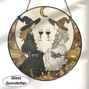 Witches Customized Best Friends Suncatcher, Broomsticks Witch Halloween Glass Ornament, Stained Glass Luna Witchy Halloween Ornament, MYJ655