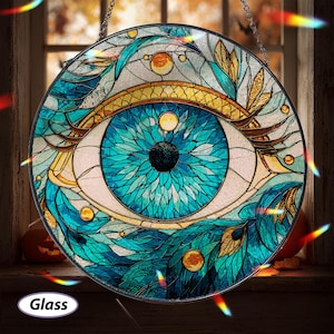 Blue Evil Eye Glass Suncatcher, Moon Phases Suncatcher Window Art, Evil Eye Light Catcher, Hamsa Hand Ornament Protection Home Decor, MYJ320