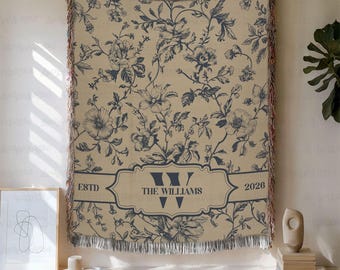 Custom Blue Toile French Style Blanket, Family Name Blue Toile de Jouy Blanket, New Family Anniversary Gift, Antique Throw Bed Sofa Decor