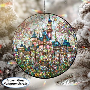 Disneyland Castle Stained Glass Suncatcher, Fairy Tale Ornament, Magic Kingdom Suncatcher, Disney Fan Window Art, Christmas Ornament, MYJ601 Acrylic Broken Glass