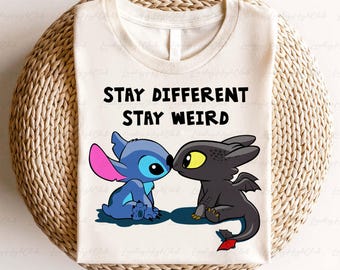 Cute Stitch Toothless Friends Shirt, Toothless & Stitch Kissing Shirt, Stay Different Stay Weird, Animal Kingdom, Disney Family Shirt,VTA914