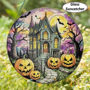 Spooky Haunted Mansion Halloween Suncatcher, Halloween Mansion Window Hanging, Autumn Pumpkin Glass Suncatcher, Halloween Home Decor, MYJ458