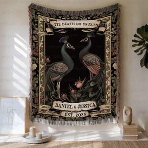 Majestic Peacock Couple With Floral Custom Woven Throw, Dark Gothic Peacock Lovers Blanket, Romantic Peacock Anniversary Gift Decor, BYA954
