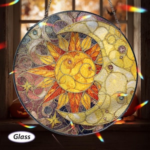 Aesthetic Sun Moon Glass Suncatcher, Celestial Sun Moon Window Hanging, Spiritual Astrology Home Decor, Celestial Decor Gift For Her, MYJ360