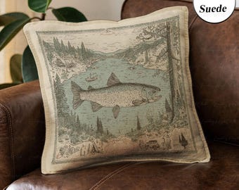Retro Trout Fishing Woven Pillow, Lake House Trout Fishing Cushion Pillow, Fishing Gift For Dad, Cottagecore Fishing Trout Pillow, MYC806