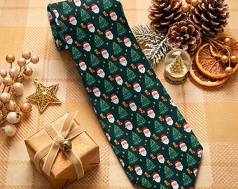 Santa Claus Christmas Necktie, Christmas Tree Pattern Tie, Festive Holiday Mens Tie, Novelty Christmas Party Accessory, Xmas Gift For Him