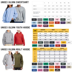 Op de afbeelding: Unisex Gildan sweatshirt, jeugdhoodie en volwassen hoodie maattabel met metingen in inches en centimeters. De tabel bevat kleur opties voor elke stijl.