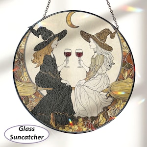 Besties Personalized Witches Luna Suncatcher, Broomsticks Witch With Wine Glass Ornament, Stained Glass Witches Halloween Ornament, MYJ654