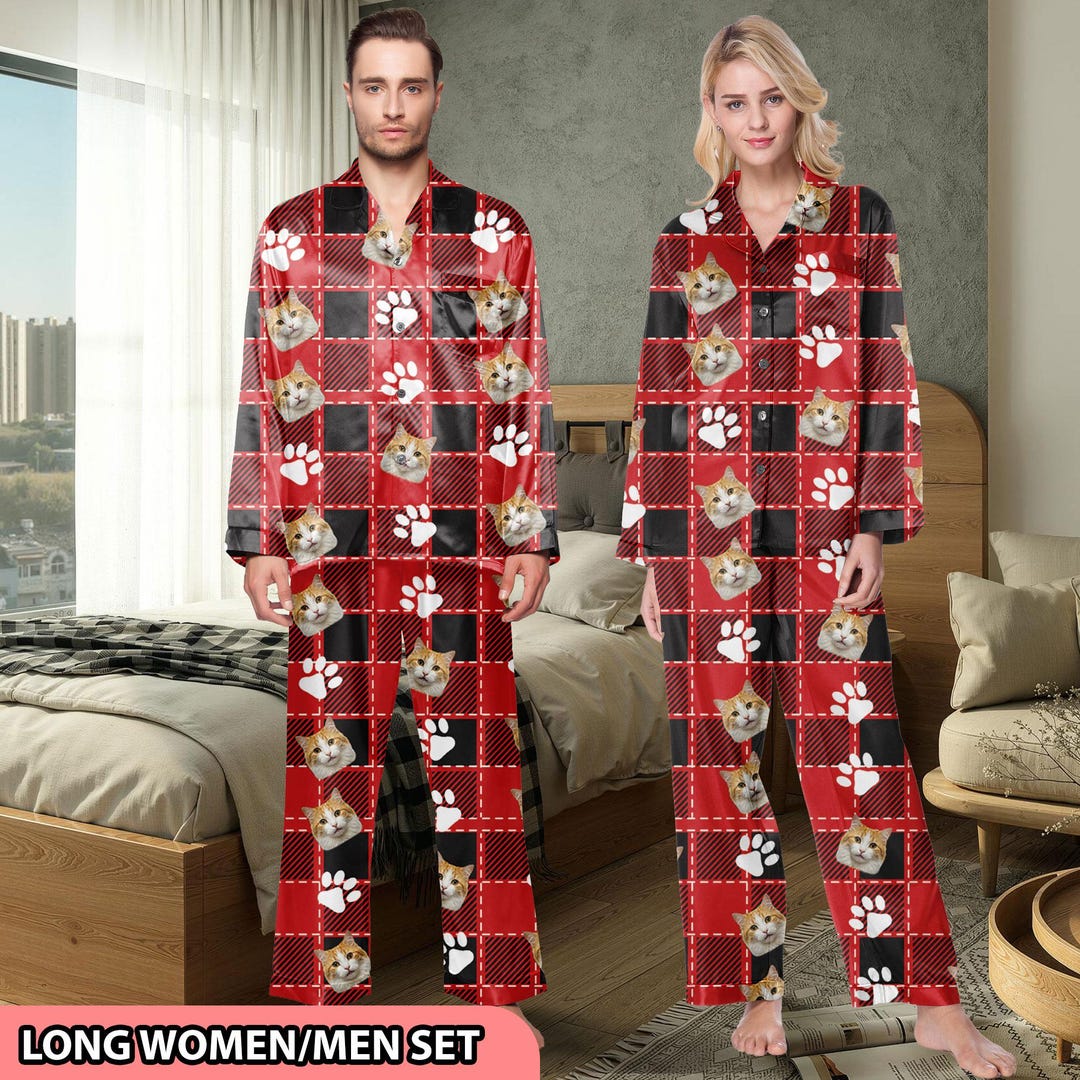 Custom Puppy Kitten Face Pajama Set, Cat Dog Photo Sleepwear, Pet Lover ...