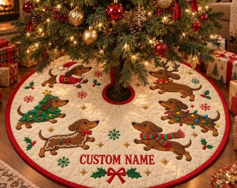 Dachshund Christmas Tree Skirt, Wiener Dog Holiday Decor, Custom Name Tree Skirt, Doxie Lover Christmas Gift, Festive Dog Home Decor