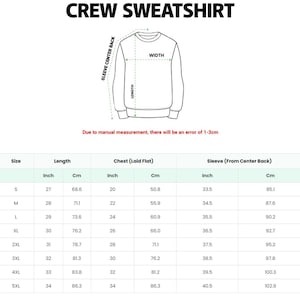 May include: A black and white line drawing of a crew sweatshirt with a sizing chart below. The chart lists measurements in inches and centimetres for sizes S through 5XL, including length, chest width, and sleeve length from centre back.