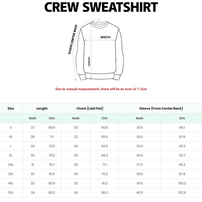 May include: A black and white line drawing of a crew sweatshirt with a sizing chart below. The chart lists measurements in inches and centimetres for sizes S through 5XL, including length, chest width, and sleeve length from centre back.