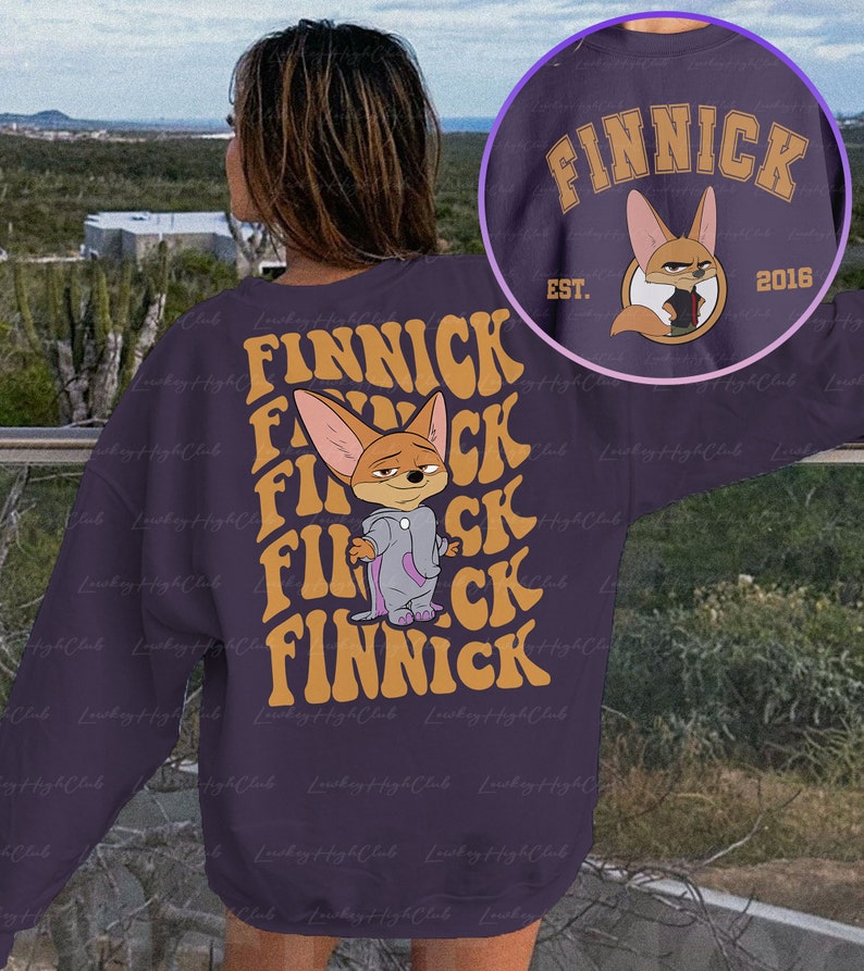 May include: Purple sweatshirt with a cartoon fox wearing pajamas and the text "FINNICK EST. 2016" on the front. The text "FINNICK" is repeated multiple times in a retro font on the back.