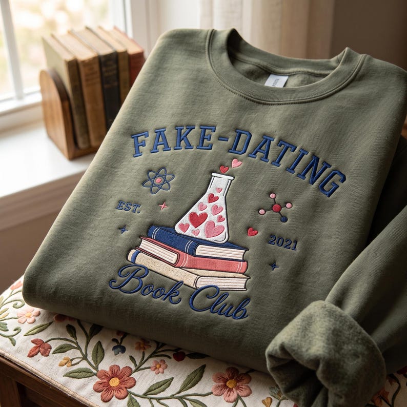 May include: An olive green crewneck sweatshirt featuring embroidered text that reads FAKE-DATING BOOK CLUB. The design includes a stack of three books topped with a laboratory flask filled with pink hearts, surrounded by small science icons and the text EST. 2021.
