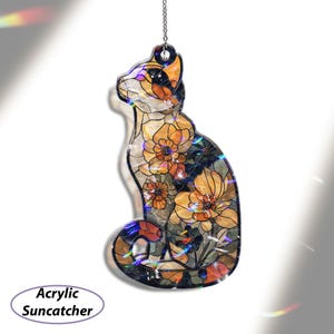 Floral Calico Cat Acrylic Suncatcher, Elegant Cat And Flower Light Catcher, Vintage Cat Hologram Ornament, Pet Memorial Window Decor, MYJ299