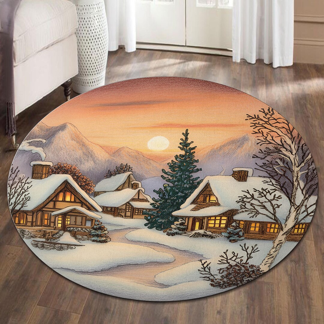 Cold Town Rug Winter Village Sunset 3D Printed Rug, Indoor Christmas Luna Carpet ...