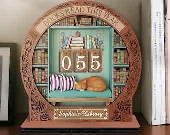 Personalized Cat Reading Tracker Sign, Yearly Reader Goal Wooden Book Counter, Book Tracker Library Decor, Gift For Bookish Cat Lover,MYL397