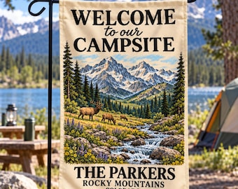 Rocky Mountains Camping Flag, Personalized Campsite Garden Flag, Custom Family Yard Sign, Colorado Mountain Decor, Outdoor Camper Gift