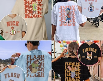 Disney Zootopia Characters 2 Sided Shirt, Nick Judy Finnick Flash Bellwether, Zootopia Birthday Party Shirt, Disneyland Family Trip Outfits