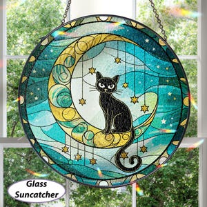 The Moon And Black Cat Suncatcher, Mystical Black Cat Window Hanging, Stained Glass Moon Cat Ornament, Decor Gift For Black Cat Lover,MYJ459