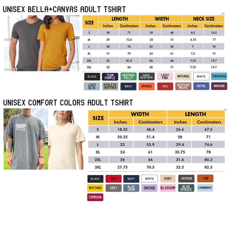 May include: Image shows size guides for unisex adult t-shirts, including Bella+Canvas and Comfort Colors. Measurements are provided in inches and centimetres for length, width, and neck size. Colour options are also displayed.
