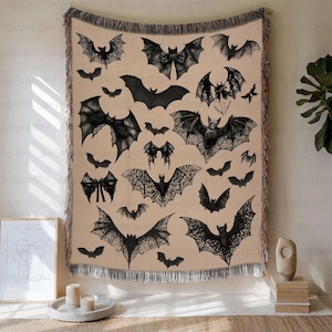 Halloween Bat Wings Woven Blanket, Black Bat Lace Bows Blanket, Dark Coquette Spooky Goblincore Throw, Gothic Autumn Gift For Girls, BYA847