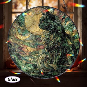 Mystical Black Cat Moon Night Suncatcher, Stained Glass Moon Cat Ornament, Black Cat On Moon Window Hanging, Cat Lovers Decor Gift, MYJ359