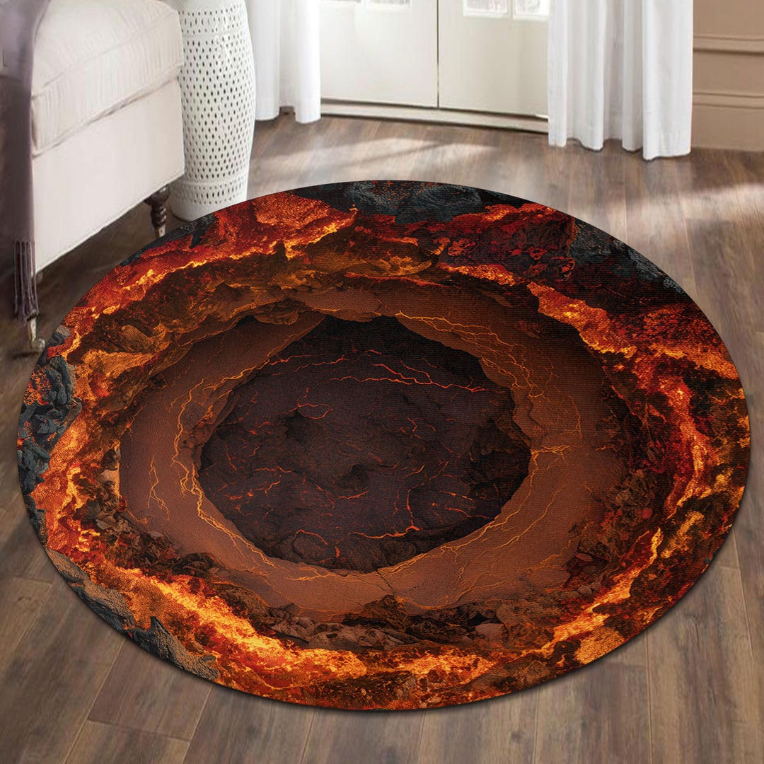 Balcanic Rug Volcanic Crater Area 3D Rug, Molten Earth Accent Rug, Magma Cave Round ...