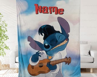 Personalized Lilo And Stitch Blanket, Custom Name Blanket For Kids, Stitch Playing Guitar Blanket, Cute Disney Gift For Boys Or Girls,NVA781