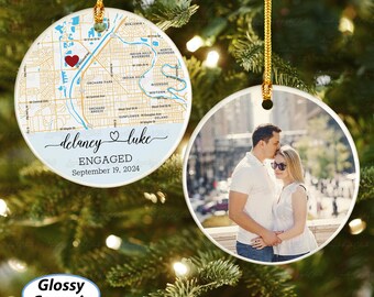 Personalized Photo Heart Map Engagement Ornament, Custom Anniversary Location Photo Ornament, Love Story Ornament, Christmas Couple Gift