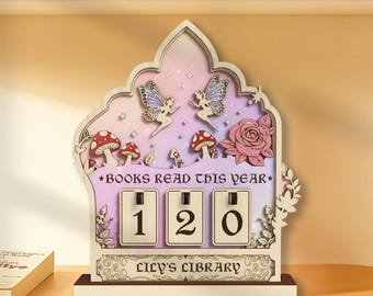 Personalized Fairycore Book Counter, Wooden Reading Goal Tracker, Books Read This Year Plaque, Unique Cottagecore Library Shelf Decor,MYL174