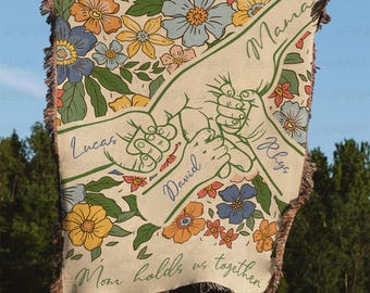 Custom Grandma Holding Kids Hands Blanket, Mother's Day Blanket For Mom, Mom Hold Us Together Tapestry Gift, New Family Member Nursery Decor