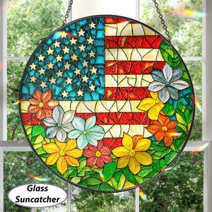 Patriotic Floral American Flag Suncatcher, Stained Glass America Flag Ornament, Rustic Usa Flag Suncatcher, Patriotic Home Decor Gift,MYJ472