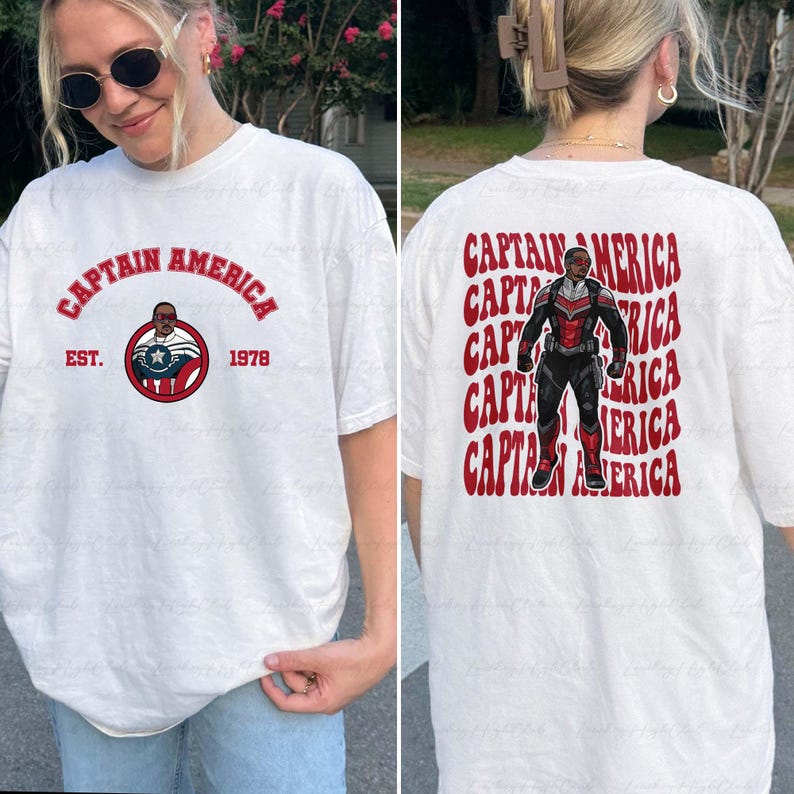 May include: White t-shirt featuring a Captain America design. The front graphic includes the text "CAPTAIN AMERICA" in red, with an image of Captain America and the text "EST. 1978". The back of the shirt has a Captain America graphic and the text "CAPTAIN AMERICA".