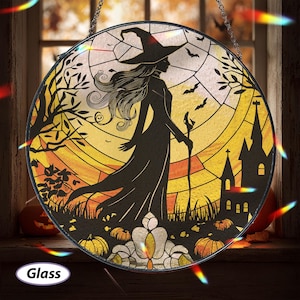 Witchy Halloween Hanging Glass Suncatcher, Spooky Wreath Window Ornament, Bat Haunted Castle Witch Home Decor, Halloween Indoor Art, MYJ311