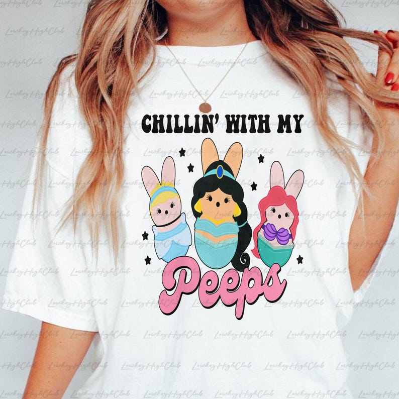 Chilling With Peeps Princess Sweatshirt, Disney Princess Bunny Peeps Shirt, WDW Easter Family Party Shirt, Cinderella Jasmine Ariel, MYA721 image 3