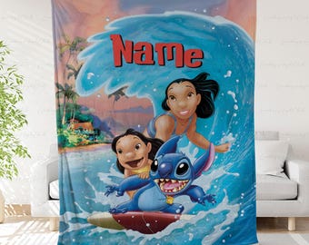 Lilo And Stitch Custom Name Blanket, Lilo And Stitch Surfing Blanket, Cartoon Movie Blanket, Disney Trip Birthday Gift For Boy Girl, NVA782