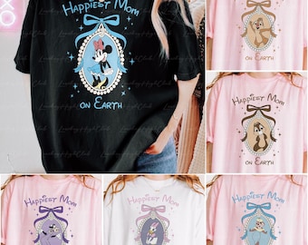 Coquette Ribbon Minnie Friends Shirt, Disney Mothers Day Girly Shirt, Mickey Donald Daisy Chip Dale Clarabelle, Happiest Mama On Earth Shirt