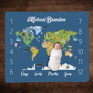 Custom World Map Adventure Baby Blanket, World Map Milestone Baby Shower Blanket, Animal Themed Safari Blanket, Travel Map Newborn Blanket