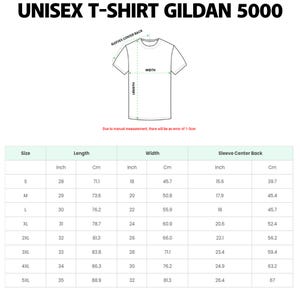 May include: A size chart for the Gildan 5000 t-shirt featuring a line drawing of a shirt with labelled length, width, and sleeve centre back measurements. A table provides specific dimensions in inches and centimetres for sizes S through 5XL.