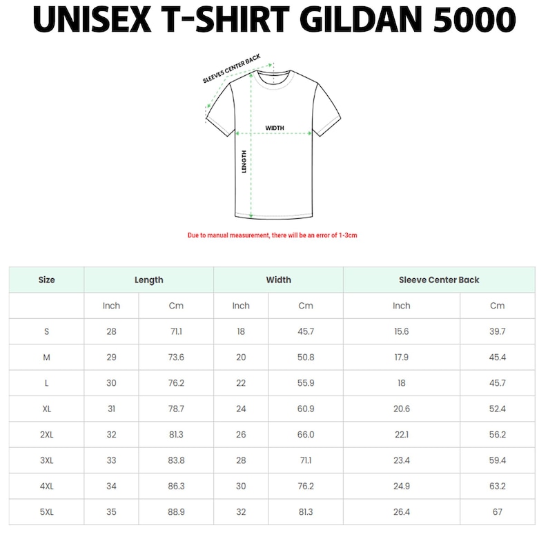 May include: A size chart for the Gildan 5000 t-shirt featuring a line drawing of a shirt with labelled length, width, and sleeve centre back measurements. A table provides specific dimensions in inches and centimetres for sizes S through 5XL.