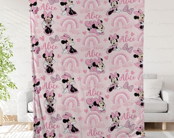 Minnie Mouse Custom Blanket With Name, Minnie Mouse Coquette Blanket, Pink Disneyland Rainbow Blanket, Magic Kingdom Birthday Gift, THA317-1