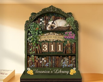 Personalized Cottage Wooden Book Tracker, Books Read This Year Counter, Forest Bookshelf Reading Tracker, Witchy Cat Book Nook Decor, MYL347