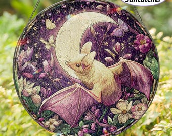 Whimsigoth Floral Bat Glass Suncatcher, Cottagecore Bat Stained Glass Art, Halloween Bat Window Ornament, Unique Bat Lover Gift Decor,MYJ549
