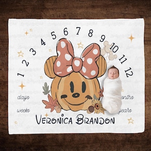 Personalized Minnie Autumn Baby Blanket, Disney Minnie Mouse Baby Shower Blanket, Disney Spooky Milestone Blanket, WDW Mickey Minnie Blanket